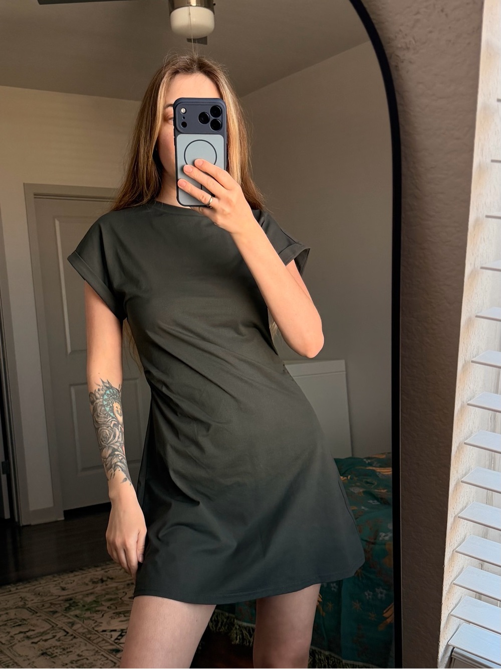 Minimal Crewneck T-Shirt Dress — Dark Olive